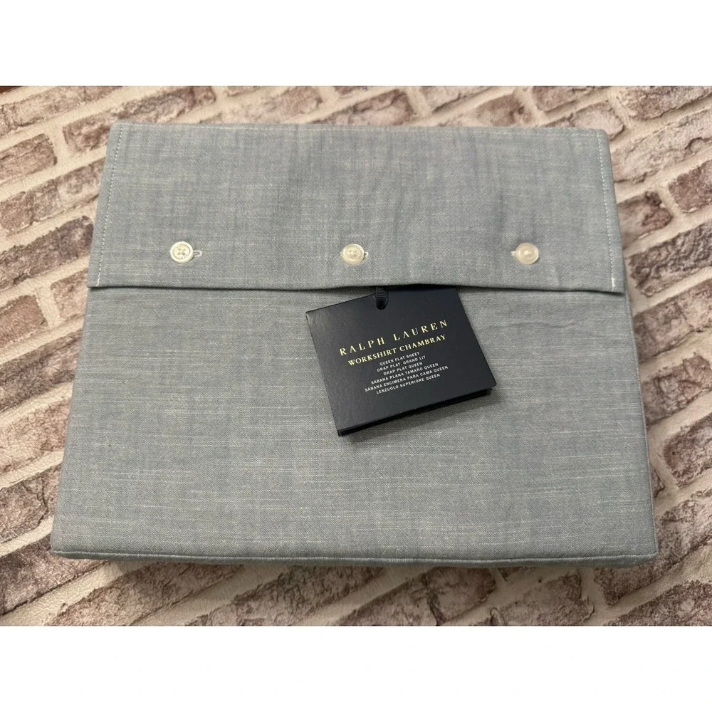 Ralph Lauren Home Queen Flat Sheet Workshirt Chambray Blue New With Tags Cotton